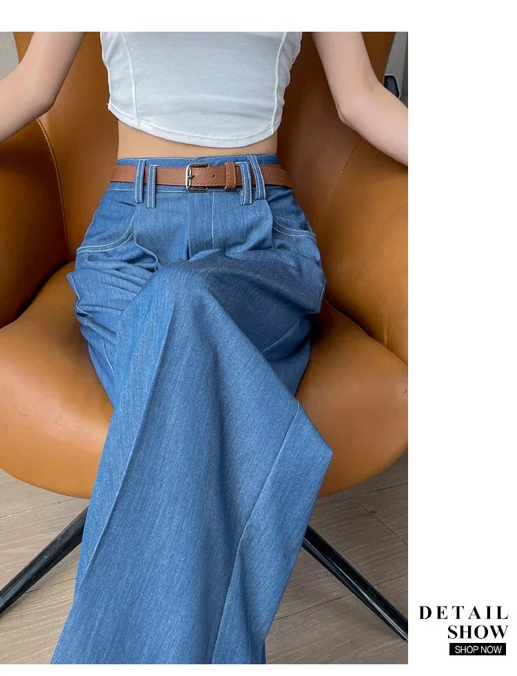 Women's Casual Basic Style Tencel Soft Ice Silk High Waisted Straight Jeans Female Commute Wide-Leg Light Blue Jeans