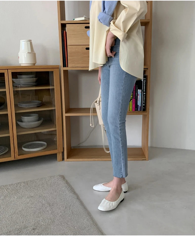 Light Blue Jeans Women Straight Leg Elastic Chic Boyfriend Pants Denim Streetwear Women Ladies Cargo Pants New Fashion 2023