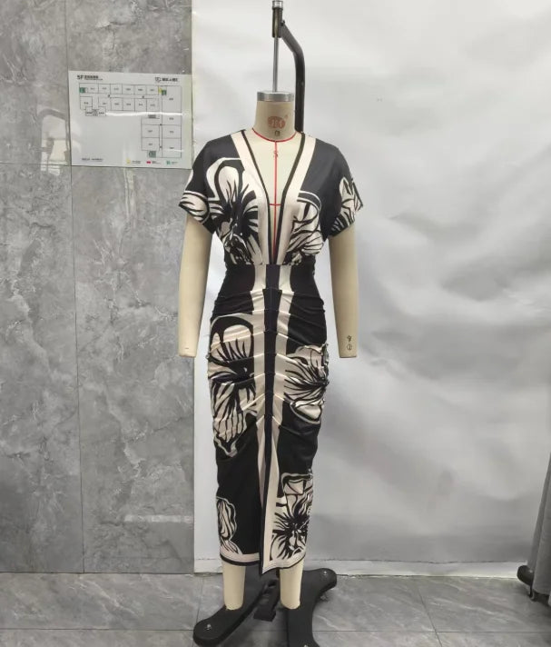 Women Elegant Dresses Temperament Commuting Floral Print V Neck Short Sleeve Ruched Dress Women's Casual Waist Slit Midi Dress