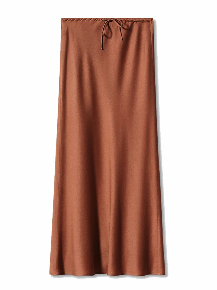 Long Black Satin Skirts Women For Work Summer Autumn Straight Brown Skirt Long Belt Coffee Formal Silk Maxi Skirt For Ladies