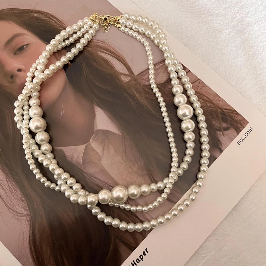 New Trendy Vintage Pearl Multi Layered Pearl Bead Necklace for Women Sweet Elegant Party Jewelry Wedding Gifts