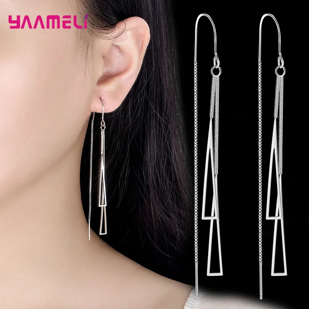 925 Sterling Silver Earrings Fashion Jewelry Simple Geometric Tassel Long Box Chain Thread Pendientes Ear Decoration Ornaments