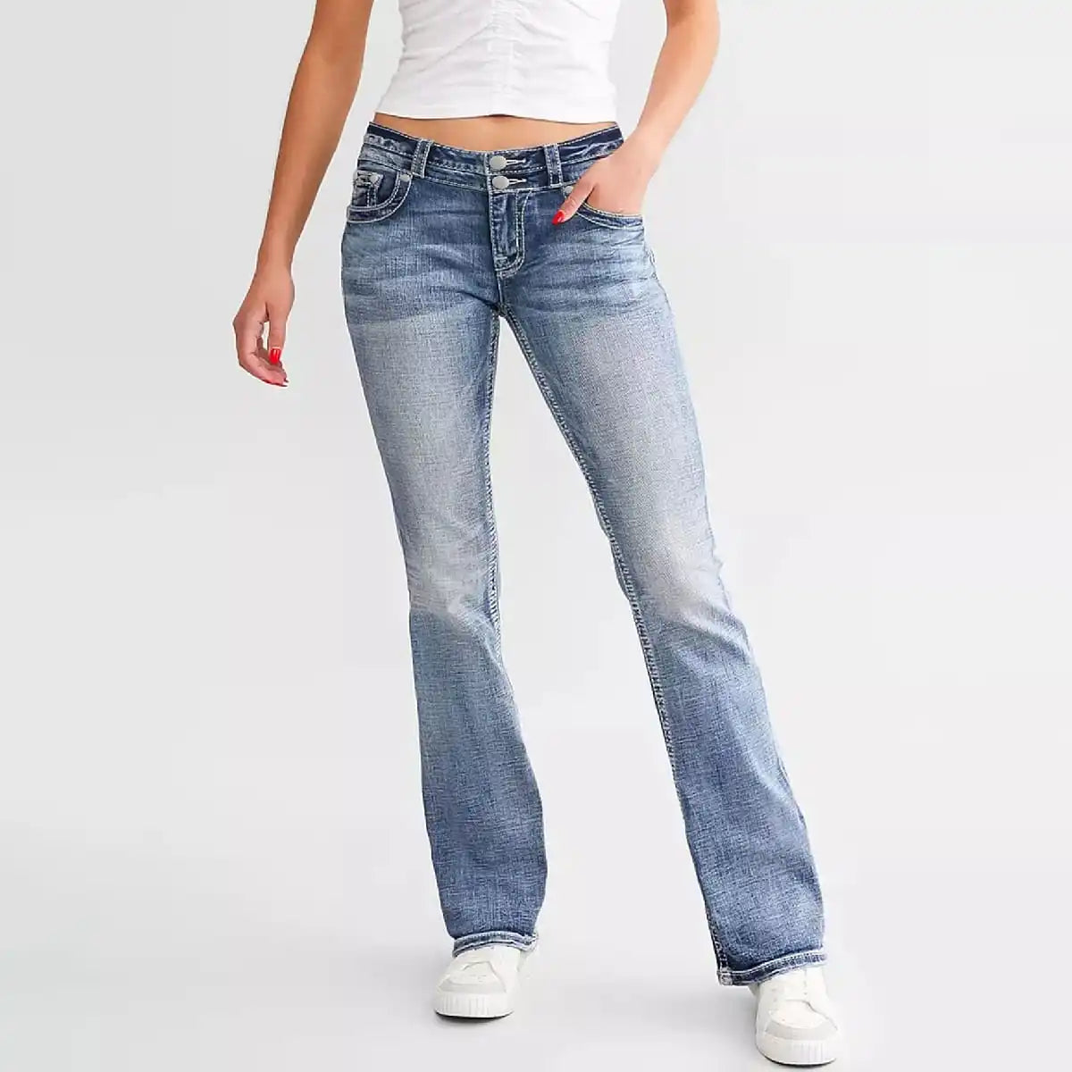 New women's embroidered jeans fashionable double waist washed bootcut pants