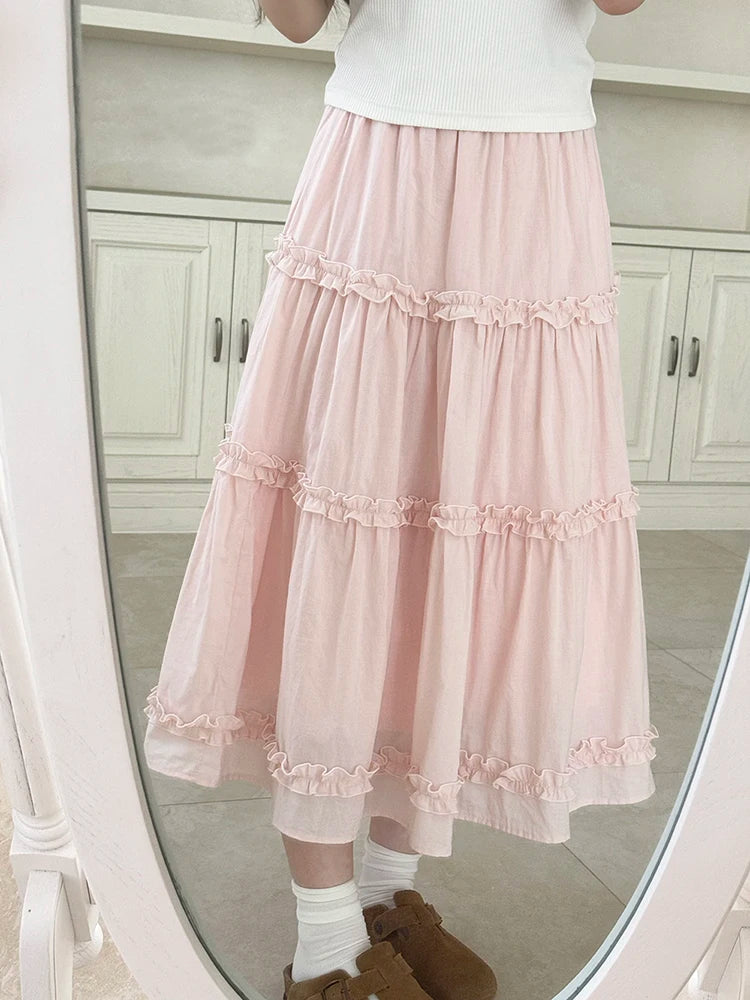 Sweet Skirts Women Summer Elastic Waist Solid Color Loose A-Line Skirt for Sweet Girls Kawaii Clothes