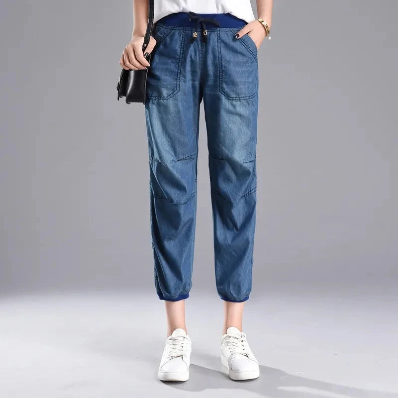 Summer Styles Loose Jeans For Women Calf-Length Harem Pants Elastic High Waist Thin Pants Fashion Jeans 4XL