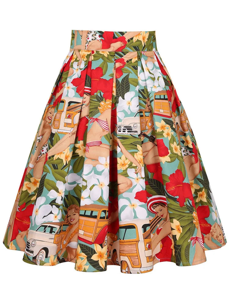 2025 Summer French High Waist Pleated Skirts Blue 50s Vintage Casual Dance Party Skirt Sexy Cute Midi Lemon Skater Women Clothes