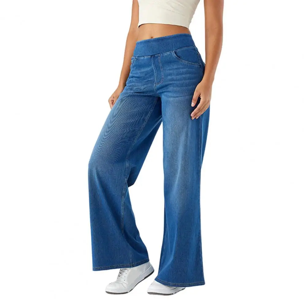 2025 Women Jeans With Pockets Elastic High Waist Solid Color Full Length Pants Straight Wide Leg Pants Baggy Denim Trousers