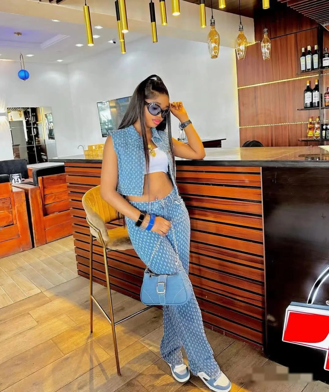 New African girly jeans ripped jeans womens three-piece denim jacket women slit wide leg slit trousers jeans uomo
