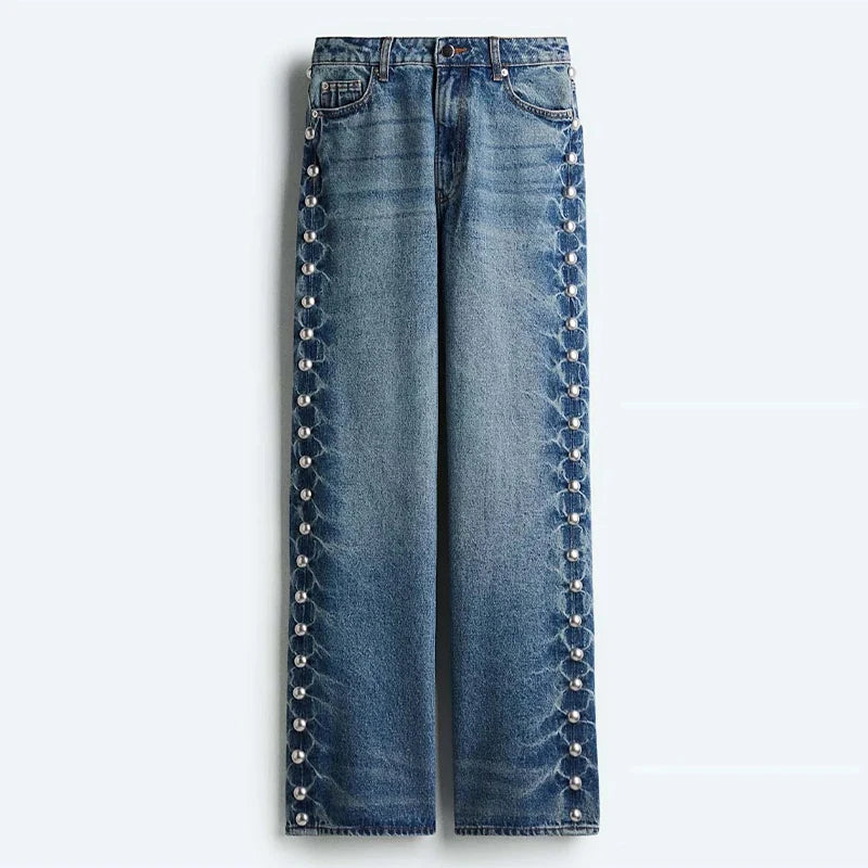 Women's Fashion Punk Washing Denim Pant Vintage Metal Straight Wide Leg Long Jeans 2025 New Lady Y2k Fashion Denim Trousers