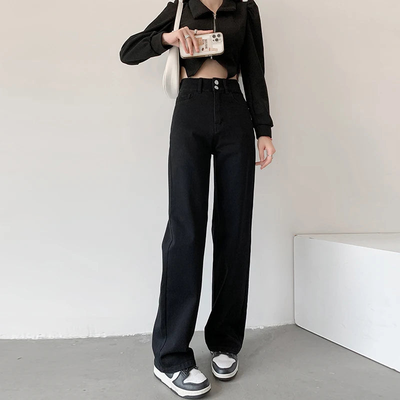 Women's Jeans Autumn High Waist Loose Straight Denim Pants Black Blue Fashion Korean Street Stretch Soft Comfortable Trousers