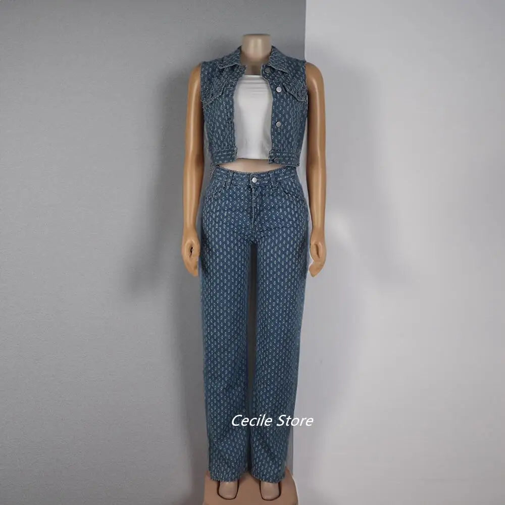 New African girly jeans ripped jeans womens three-piece denim jacket women slit wide leg slit trousers jeans uomo