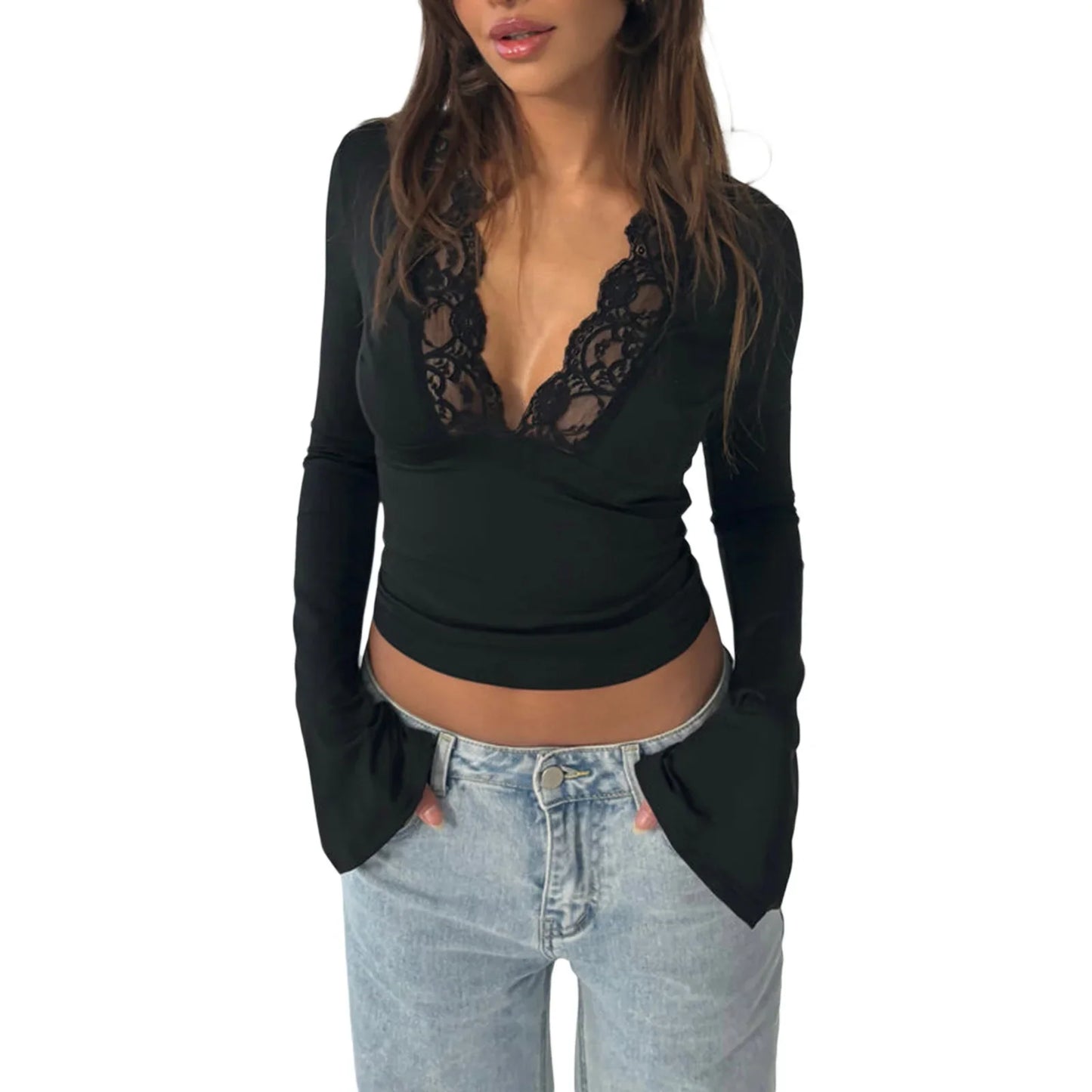 Women Fall Tops Lace Trim Deep V Neck Bell Sleeve Crop Shirt Casual Streetwear