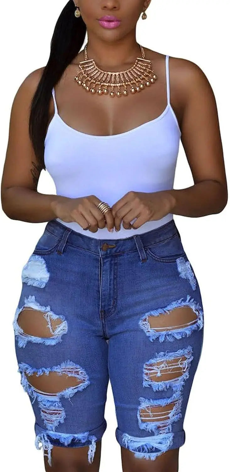Retro Ripped Jeans Sexy Women Mid Rise Pants Hip Hugging Tight Bermuda Shorts Y2k Hip Hop Trousers Street Fashion Pant