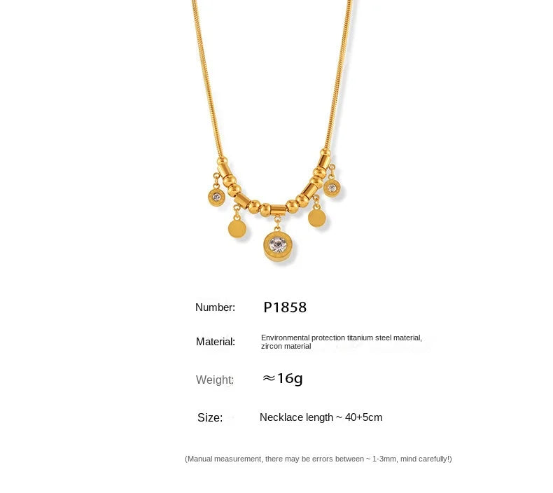 Necklace for Women Round Zircon Roman Pendant Tassel Charm Luxury Gold Plated Stainless Steel Jewelry Wholesale