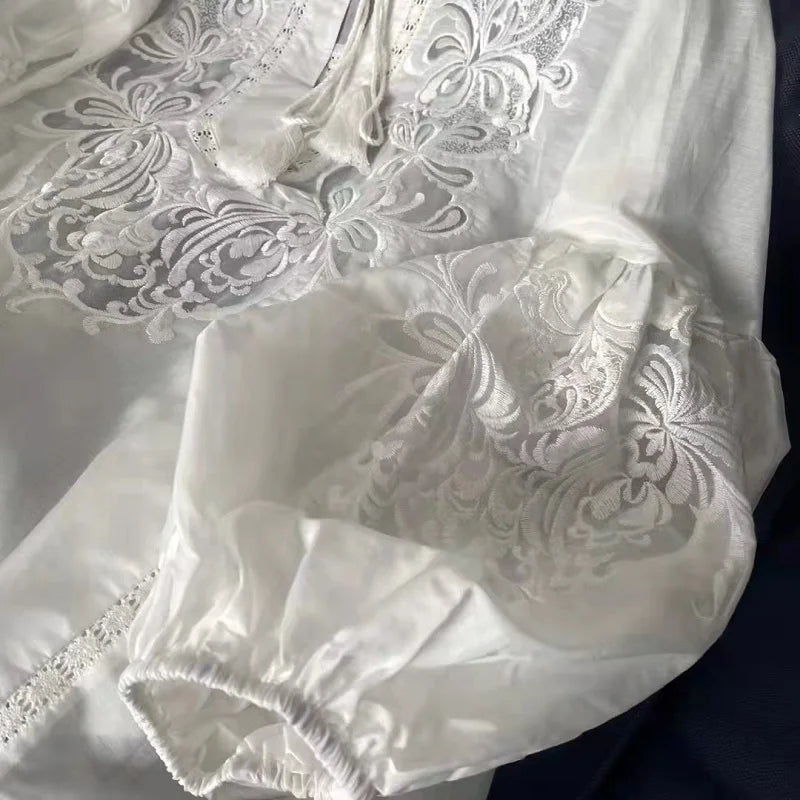 Tops Fashion Designer Blouses 2024 Spring Summer Tops Women Lurex Embroidery Long Sleeve Casual Loose White Cotton Blouse