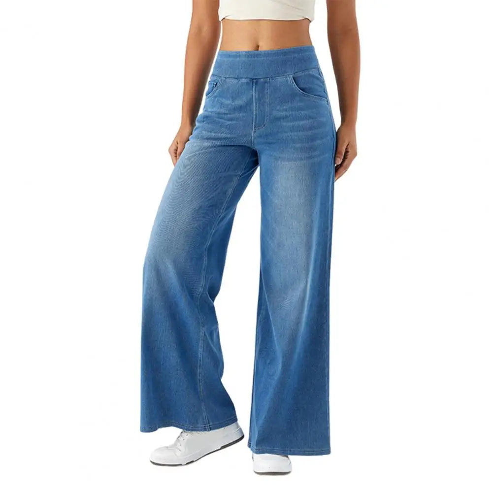 2025 Women Jeans With Pockets Elastic High Waist Solid Color Full Length Pants Straight Wide Leg Pants Baggy Denim Trousers