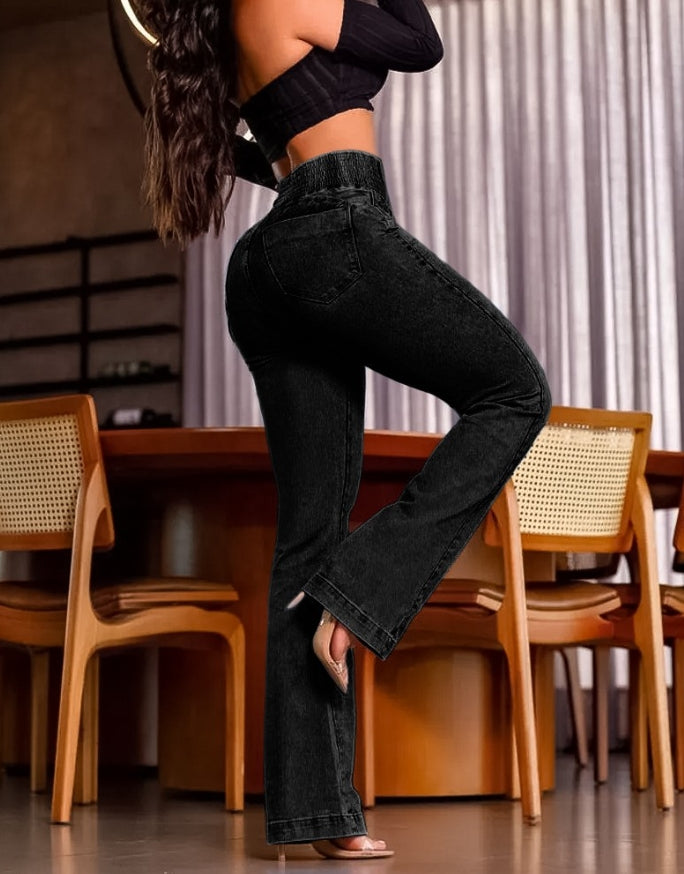 Fashionable Women's New Jeans Back Shirred Button Front High Waist Jeans Temperament Commuting Casual Comfortable Jeans