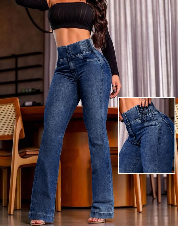 Fashionable Women's New Jeans Back Shirred Button Front High Waist Jeans Temperament Commuting Casual Comfortable Jeans