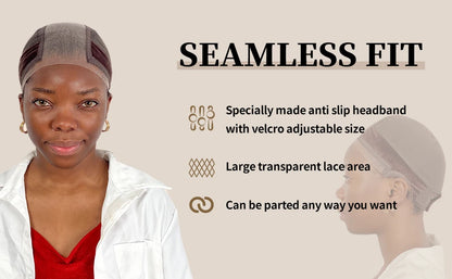 Wig Cap with Grip Band for Keeping Wigs in Place, More Full Cap-wide Transparent Lace for Lace Front Wigs