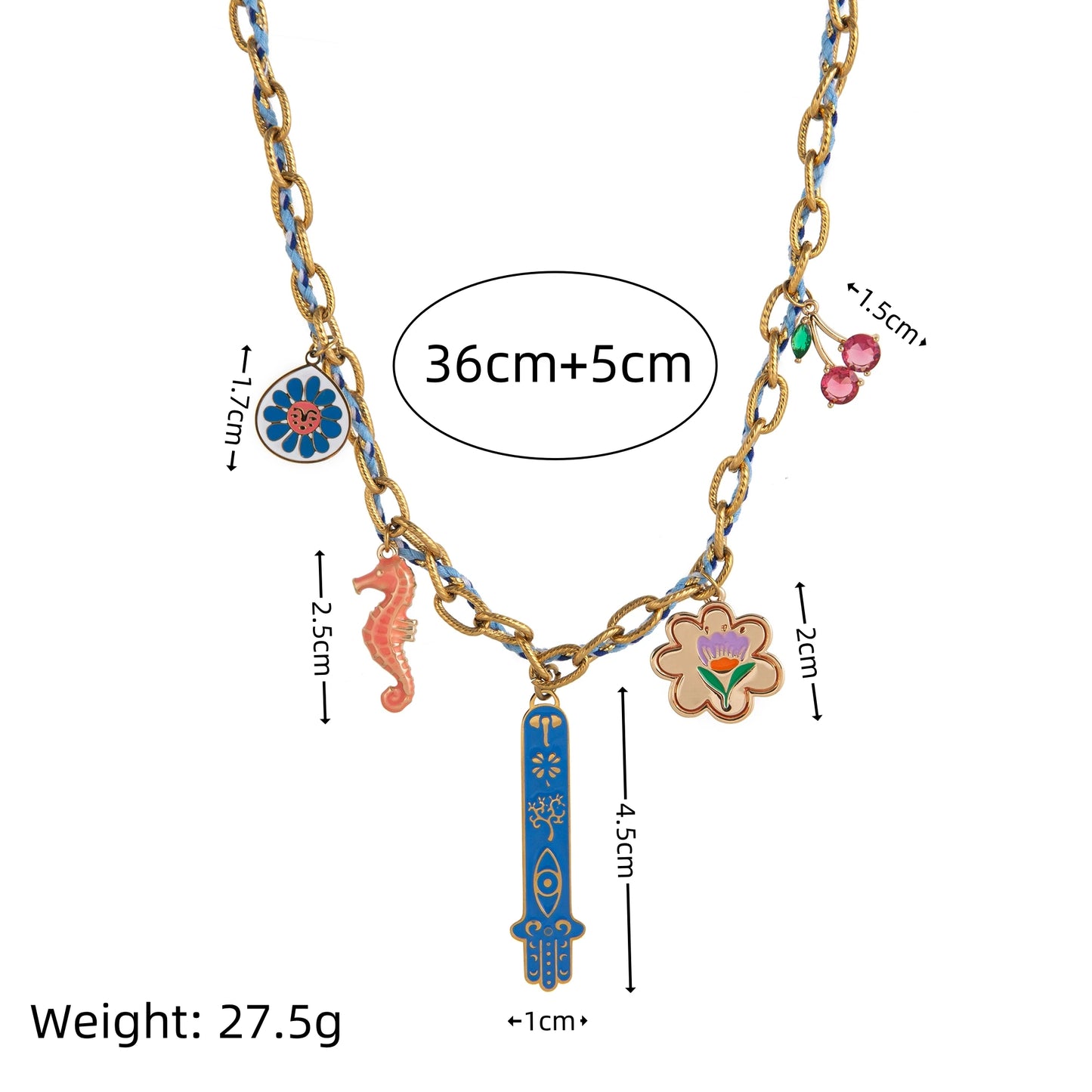 Bohemian handmade women's layered necklace, colorful accessories, eyelets, shells, Hamza hands, bead chains, fashionable jewelry