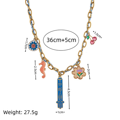 Bohemian handmade women's layered necklace, colorful accessories, eyelets, shells, Hamza hands, bead chains, fashionable jewelry