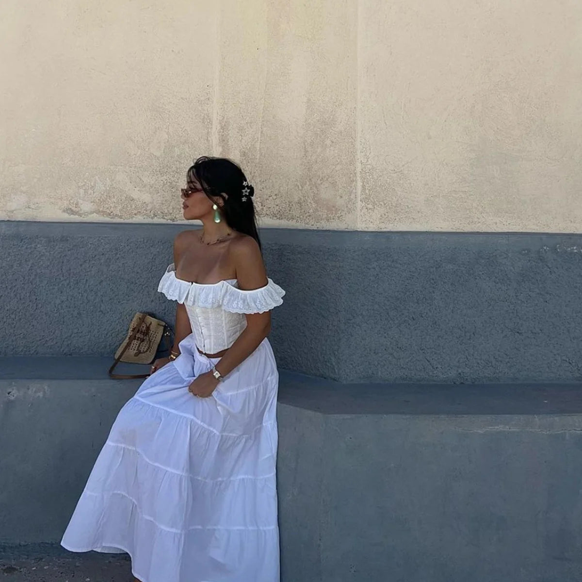 Women 2025 Elegant Lace Up Summer Tops One Shoulder Sweet Hollow Out Corset Lady Chic Crochet Flower Ruffled Sleeveless Camisole