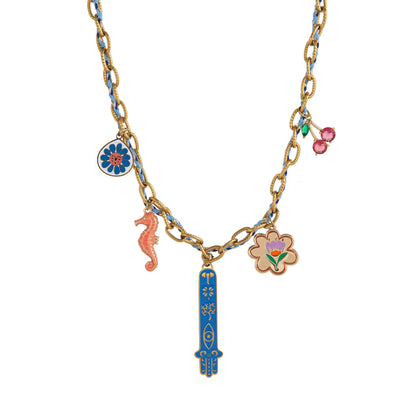 Bohemian handmade women's layered necklace, colorful accessories, eyelets, shells, Hamza hands, bead chains, fashionable jewelry