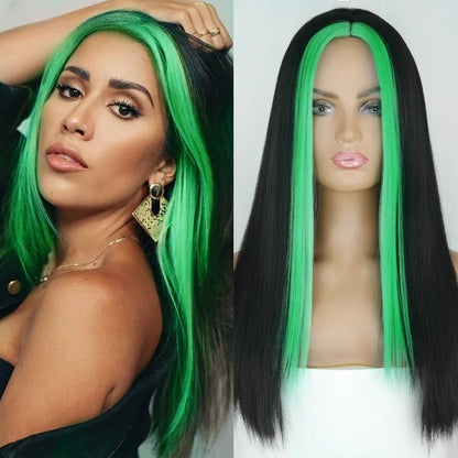 Waist-Length, Long Hair, Straight Hair, Middle Parted Gradient Green and Black Women's Dress-Up Wig, Soft, Synthetic, Heat-Resistant and Durable, Suitable for Daily Dress-Up, Wear and Party Cosplay Wig, Party Supplies, Hairst