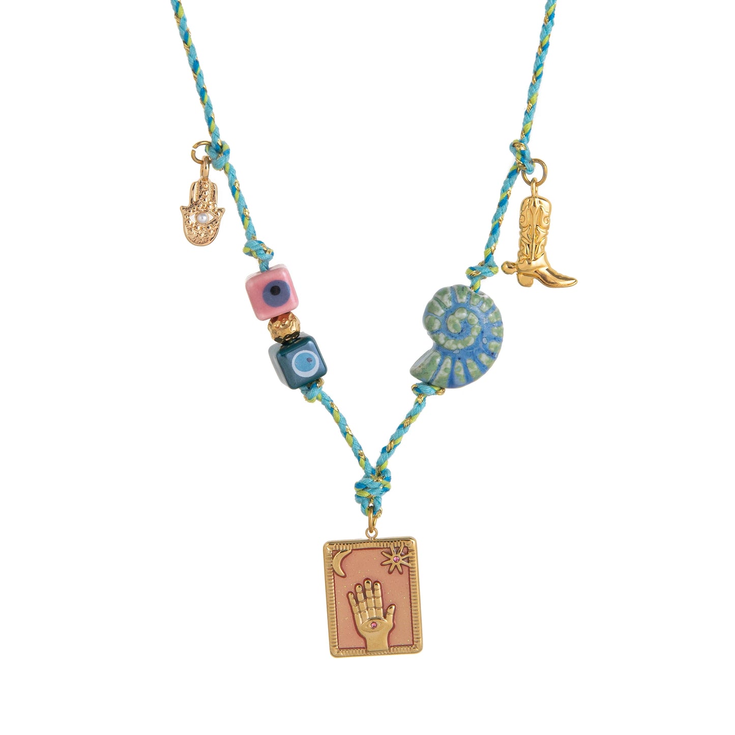 Bohemian handmade women's layered necklace, colorful accessories, eyelets, shells, Hamza hands, bead chains, fashionable jewelry