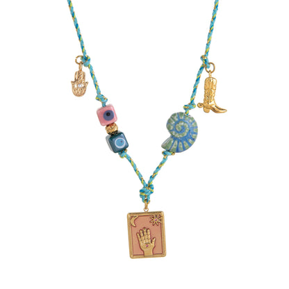 Bohemian handmade women's layered necklace, colorful accessories, eyelets, shells, Hamza hands, bead chains, fashionable jewelry