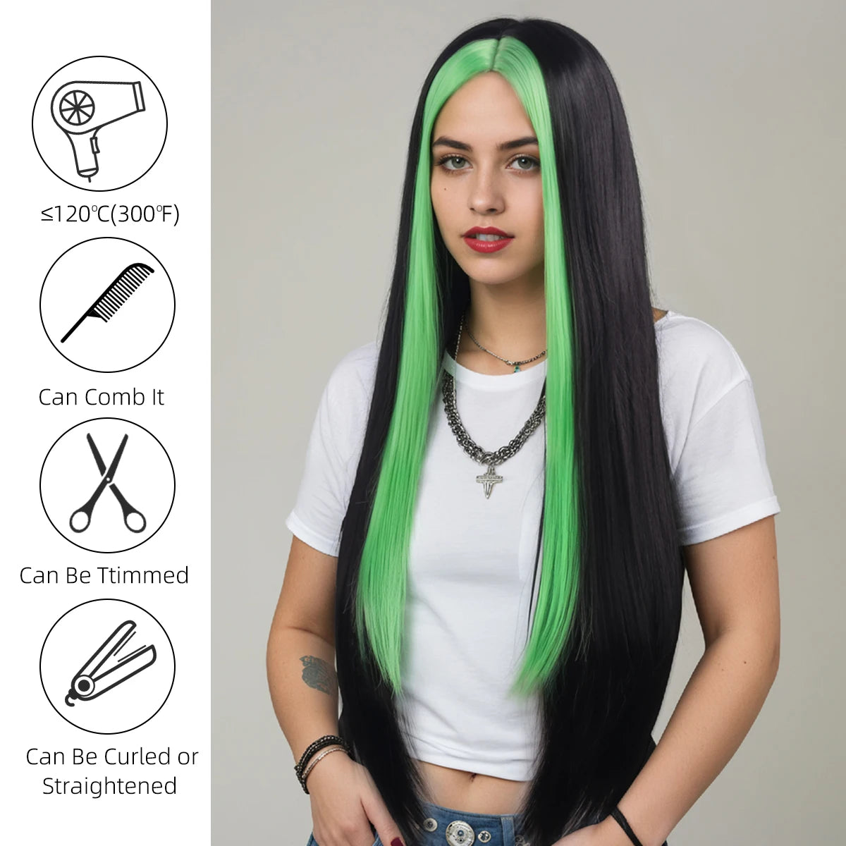 Waist-Length, Long Hair, Straight Hair, Middle Parted Gradient Green and Black Women's Dress-Up Wig, Soft, Synthetic, Heat-Resistant and Durable, Suitable for Daily Dress-Up, Wear and Party Cosplay Wig, Party Supplies, Hairst