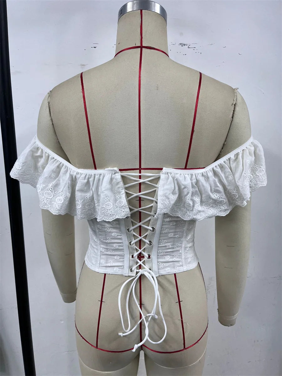 Women 2025 Elegant Lace Up Summer Tops One Shoulder Sweet Hollow Out Corset Lady Chic Crochet Flower Ruffled Sleeveless Camisole