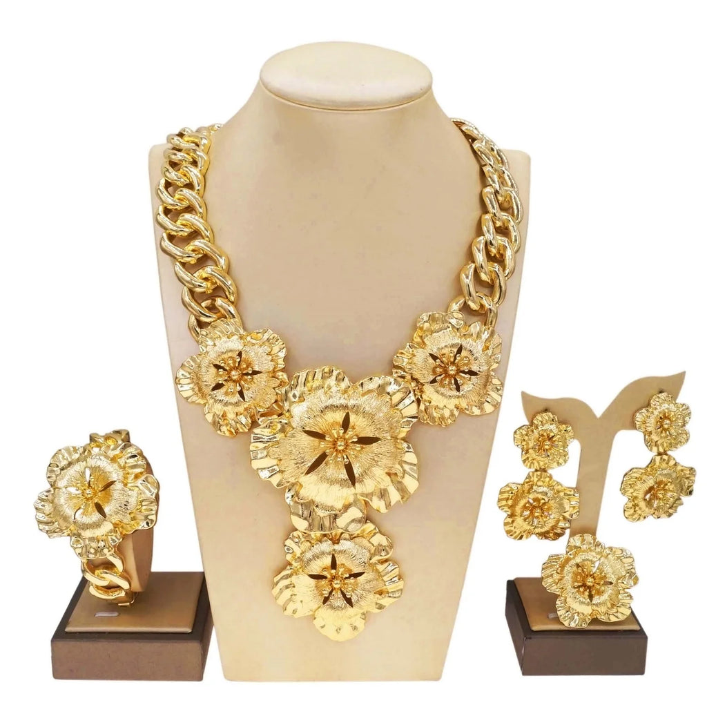 Necklace For Women Fashion New Cuban Chain Necklace Gold Flower Pendant Luxury Wedding Bijoux Gold Plated Earrings Ring SYHOL