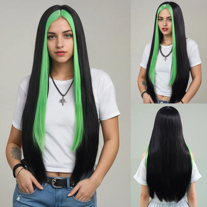 Waist-Length, Long Hair, Straight Hair, Middle Parted Gradient Green and Black Women's Dress-Up Wig, Soft, Synthetic, Heat-Resistant and Durable, Suitable for Daily Dress-Up, Wear and Party Cosplay Wig, Party Supplies, Hairst