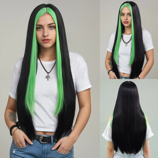 Waist-Length, Long Hair, Straight Hair, Middle Parted Gradient Green and Black Women's Dress-Up Wig, Soft, Synthetic, Heat-Resistant and Durable, Suitable for Daily Dress-Up, Wear and Party Cosplay Wig, Party Supplies, Hairst