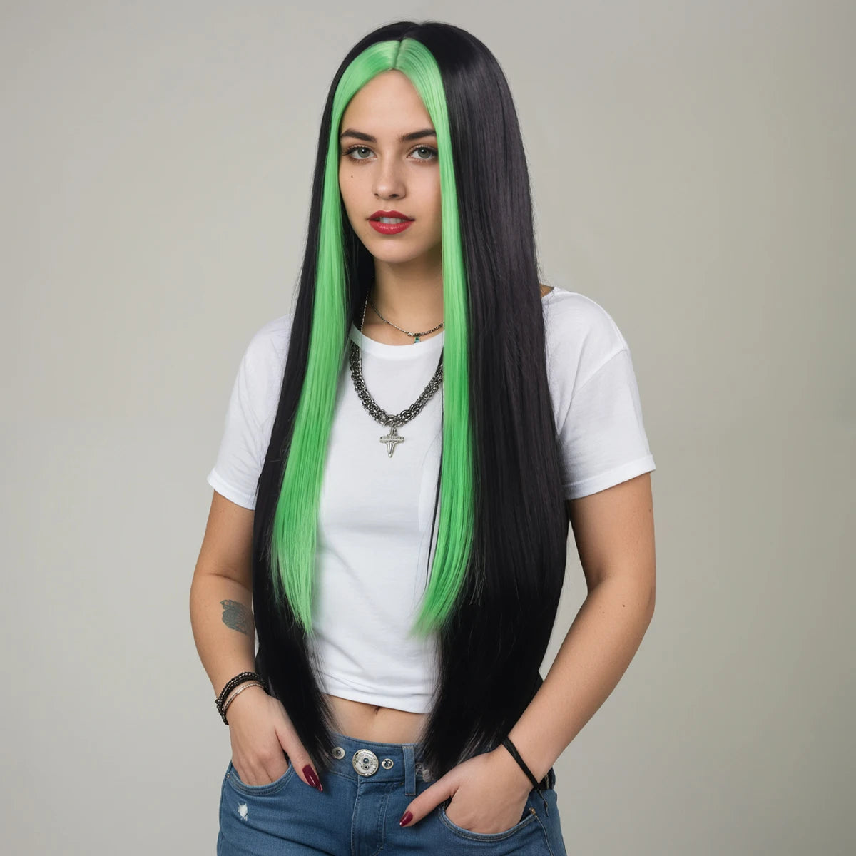 Waist-Length, Long Hair, Straight Hair, Middle Parted Gradient Green and Black Women's Dress-Up Wig, Soft, Synthetic, Heat-Resistant and Durable, Suitable for Daily Dress-Up, Wear and Party Cosplay Wig, Party Supplies, Hairst