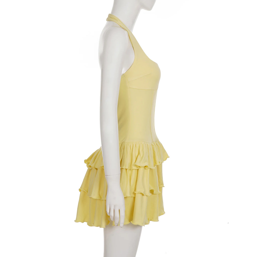 Women's Dresses 2025 Halter Mini Dress Chic U Neck Layer Ruffles Hem Bodycone A Line Vestido Summer Ladies Street Party Wear
