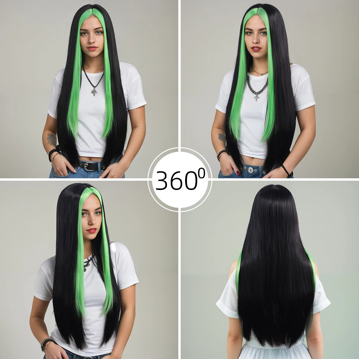Waist-Length, Long Hair, Straight Hair, Middle Parted Gradient Green and Black Women's Dress-Up Wig, Soft, Synthetic, Heat-Resistant and Durable, Suitable for Daily Dress-Up, Wear and Party Cosplay Wig, Party Supplies, Hairst