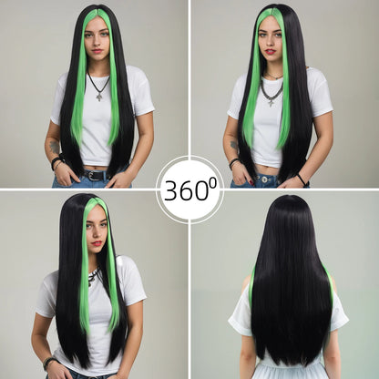 Waist-Length, Long Hair, Straight Hair, Middle Parted Gradient Green and Black Women's Dress-Up Wig, Soft, Synthetic, Heat-Resistant and Durable, Suitable for Daily Dress-Up, Wear and Party Cosplay Wig, Party Supplies, Hairst