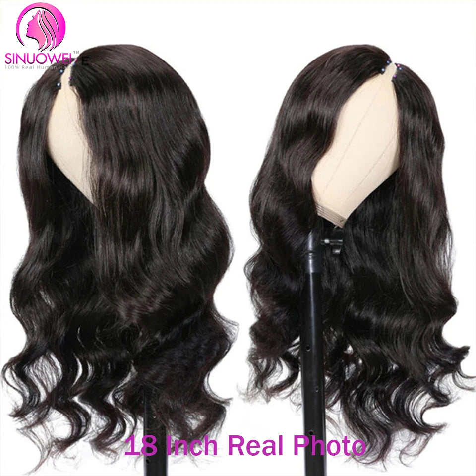 Sinuowei U V Part Wig Body Wave Human Hair Wigs For Women Brazilian No Glue 10-28 Inches Wavy Upgrade Wig Natural Black Wigs