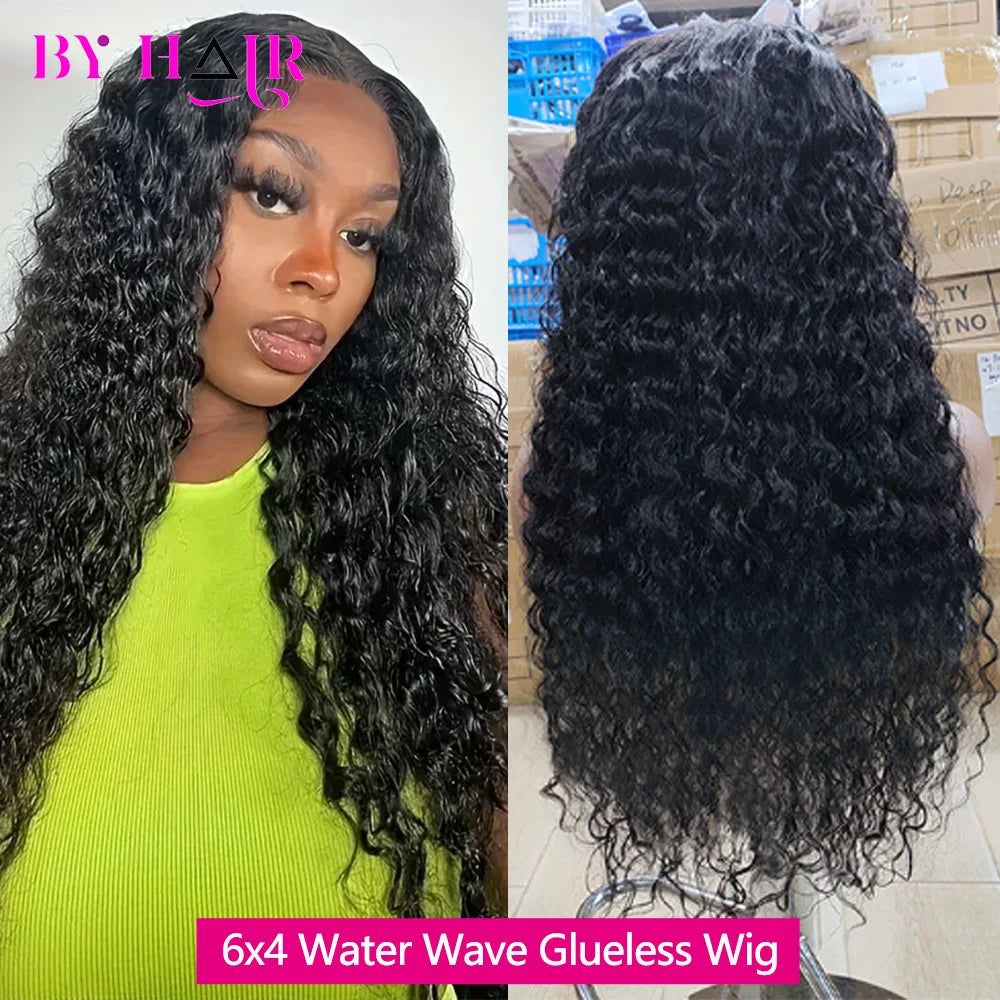 6x4 Glueless Wig Water Wave Human Hair Wigs Ready To Wear Pre-Cut Lace Glueless Curly Wigs Lace Front Human Hair Wig For Women