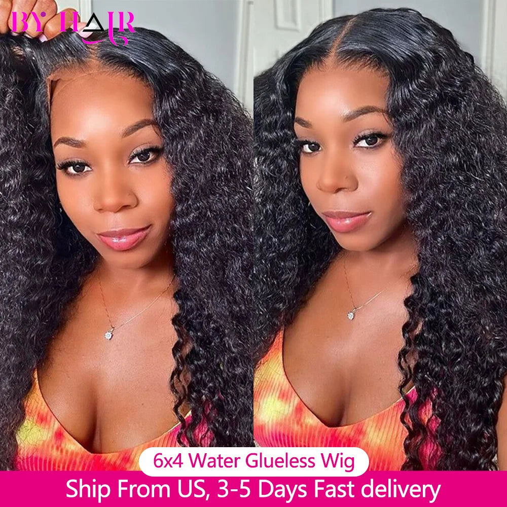 6x4 Glueless Wig Water Wave Human Hair Wigs Ready To Wear Pre-Cut Lace Glueless Curly Wigs Lace Front Human Hair Wig For Women
