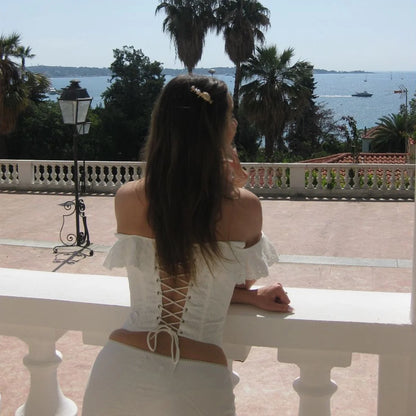 Women 2025 Elegant Lace Up Summer Tops One Shoulder Sweet Hollow Out Corset Lady Chic Crochet Flower Ruffled Sleeveless Camisole