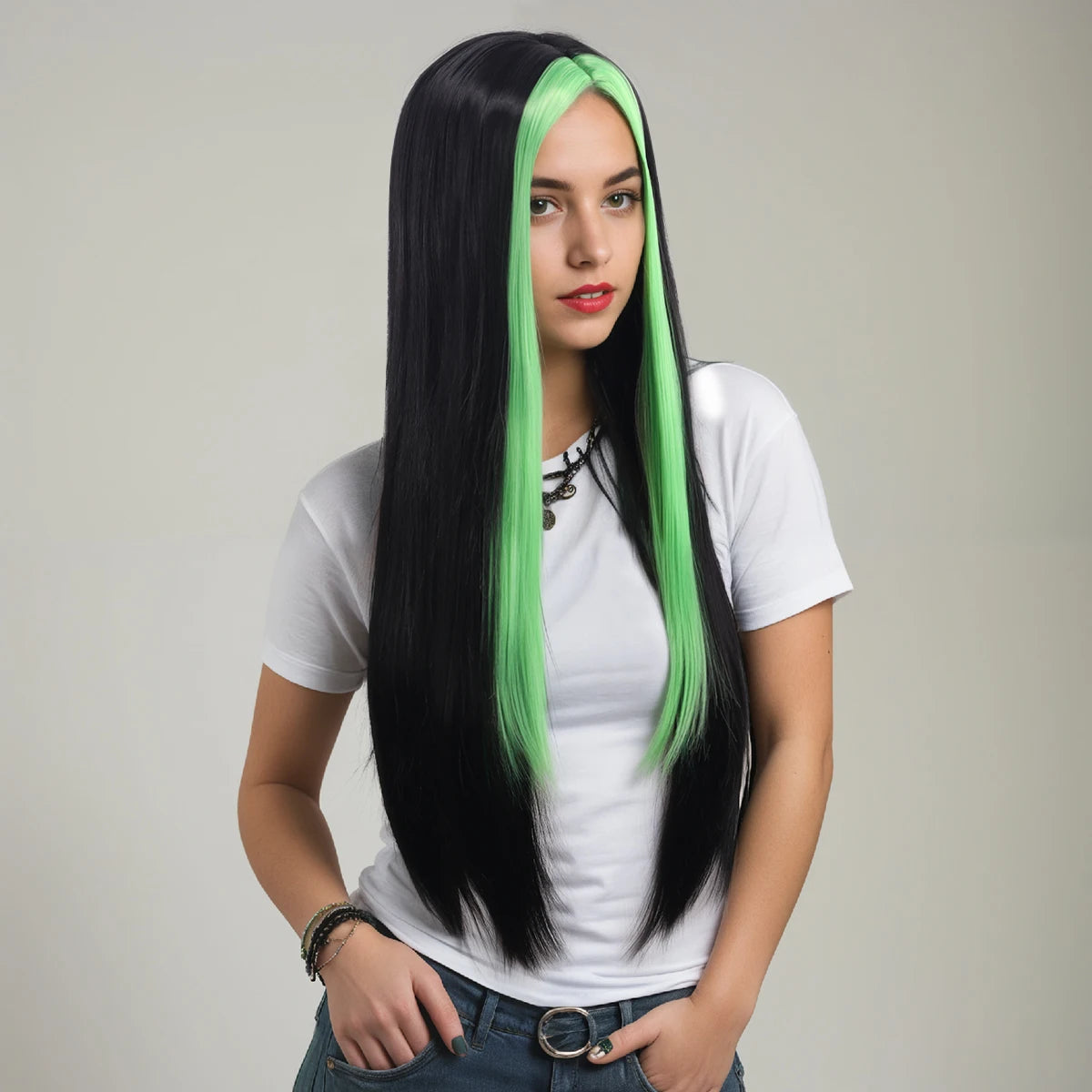 Waist-Length, Long Hair, Straight Hair, Middle Parted Gradient Green and Black Women's Dress-Up Wig, Soft, Synthetic, Heat-Resistant and Durable, Suitable for Daily Dress-Up, Wear and Party Cosplay Wig, Party Supplies, Hairst