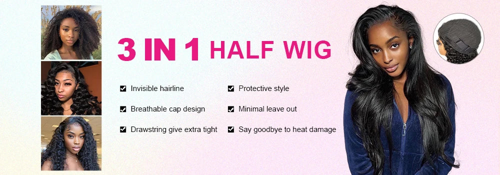VSHOW 3 In 1 Half Wig With Drawstring Body Wave Wigs Human Hair Invisible Hairline Flip Over Wig Beginner Friendly