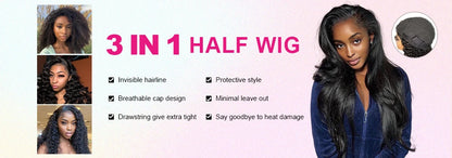 VSHOW 3 In 1 Half Wig With Drawstring Body Wave Wigs Human Hair Invisible Hairline Flip Over Wig Beginner Friendly