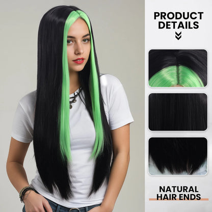 Waist-Length, Long Hair, Straight Hair, Middle Parted Gradient Green and Black Women's Dress-Up Wig, Soft, Synthetic, Heat-Resistant and Durable, Suitable for Daily Dress-Up, Wear and Party Cosplay Wig, Party Supplies, Hairst