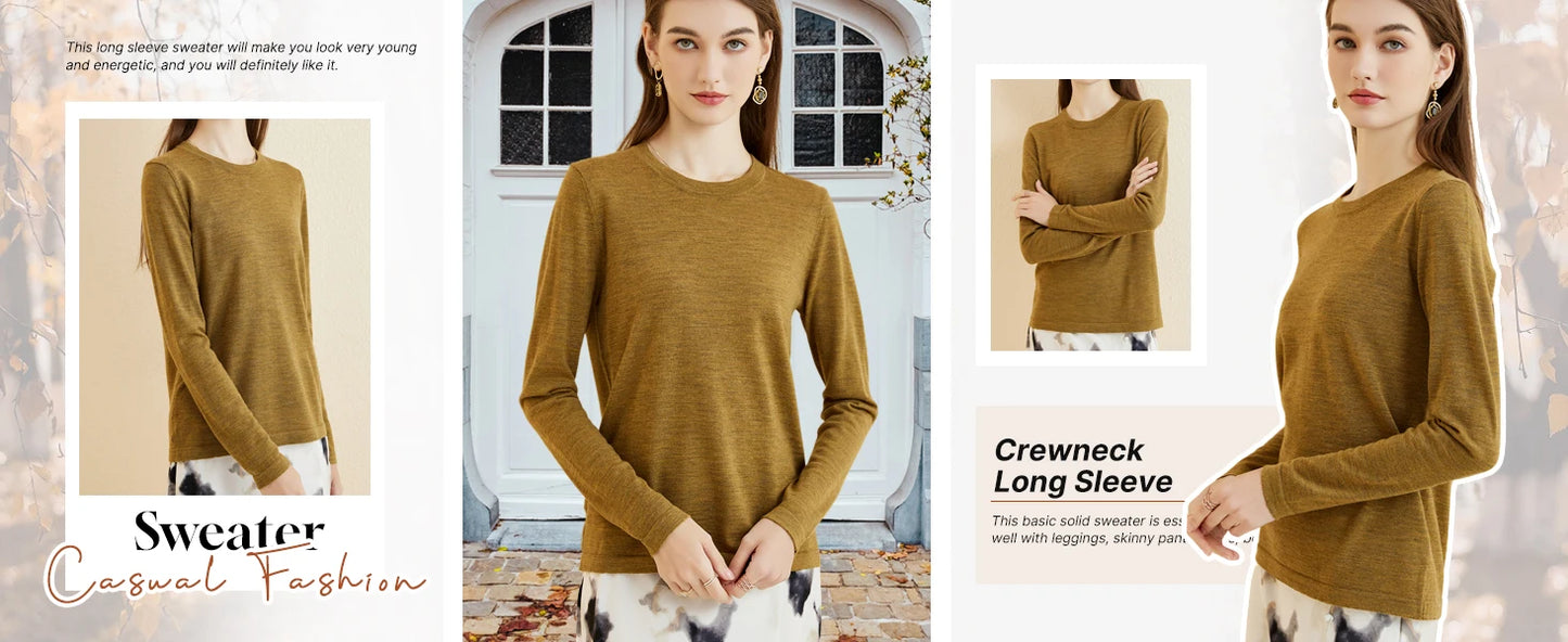 Women's T Shirt 100% Merino Wool Base Layer Top Fall Winter Fashion Crewneck Soft Merino Tee Long Sleeve Tops Knit Women Clothes