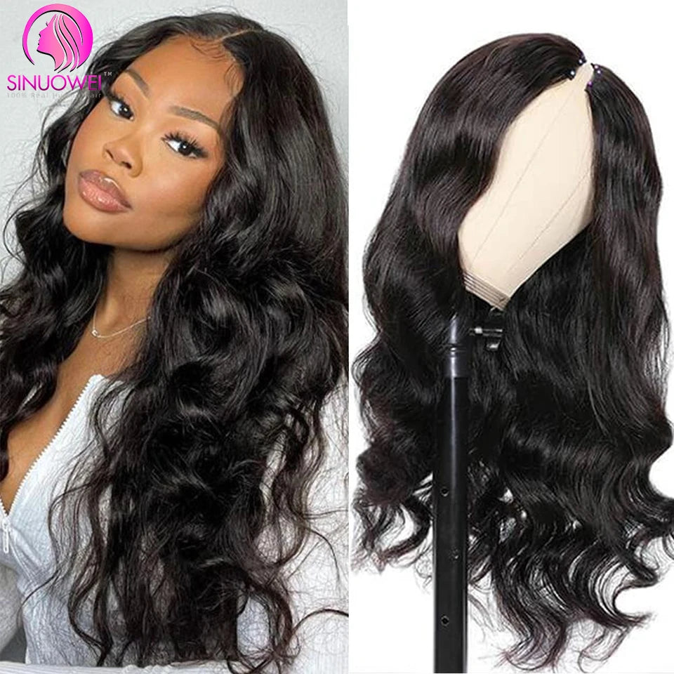 Sinuowei U V Part Wig Body Wave Human Hair Wigs For Women Brazilian No Glue 10-28 Inches Wavy Upgrade Wig Natural Black Wigs