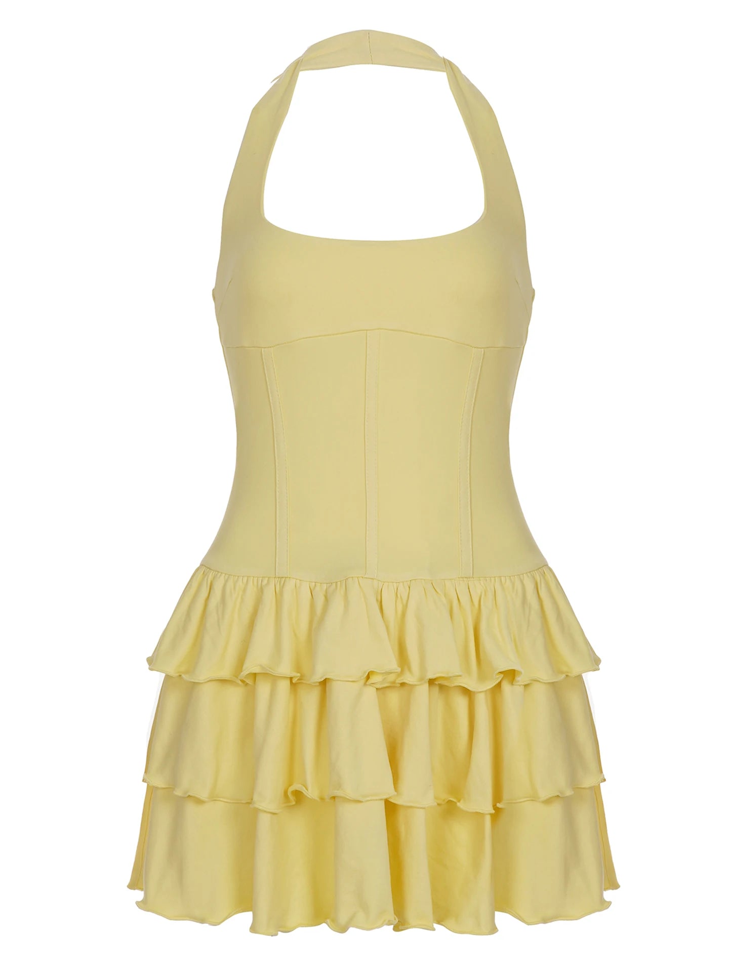 Women's Dresses 2025 Halter Mini Dress Chic U Neck Layer Ruffles Hem Bodycone A Line Vestido Summer Ladies Street Party Wear